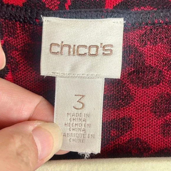 Chico's Red Black Leopard Cheetah Print‎ Fringe Cardigan Sweater Size 3 XL Wool - Picture 6 of 7
